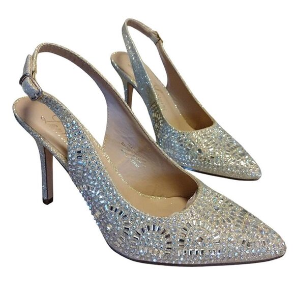 Lauren Lorraine Rachel Nude Crystal Shimmer Sling Back Heels Size 8 NIB - Picture 4 of 16